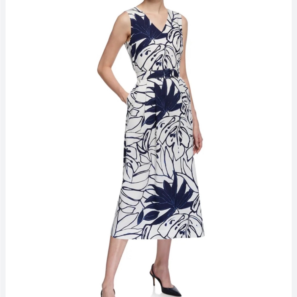 Lafayette 148 New York Blue White Vienna Porcelain Print Belted Midi Dress Sz 2